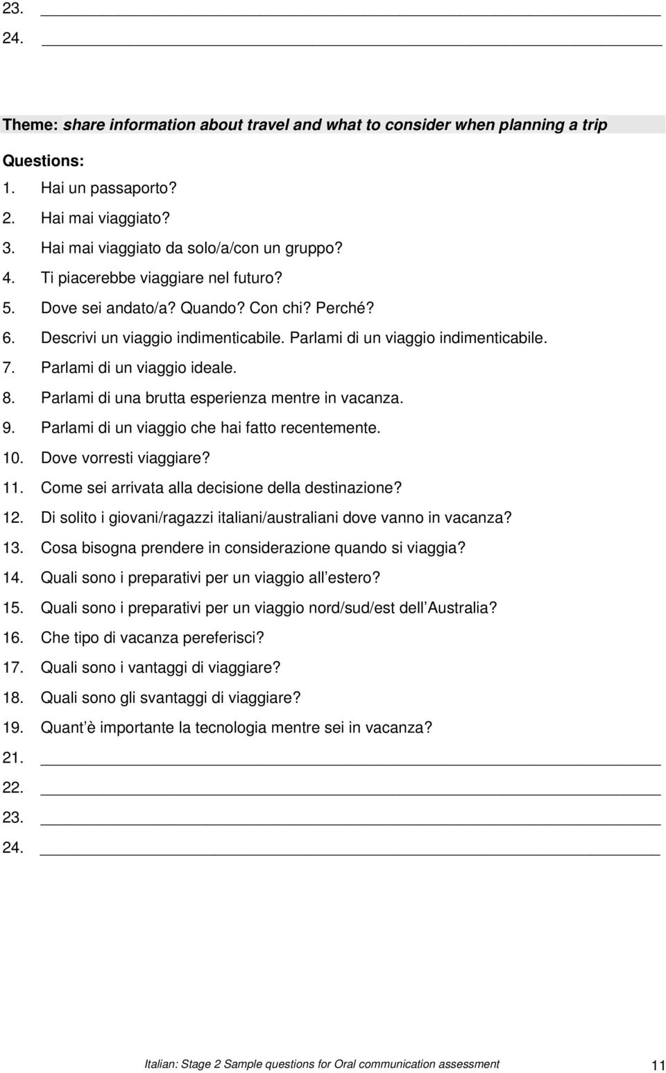 Parlami di una brutta esperienza mentre in vacanza. 9. Parlami di un viaggio che hai fatto recentemente. 10. Dove vorresti viaggiare? 11. Come sei arrivata alla decisione della destinazione? 12.