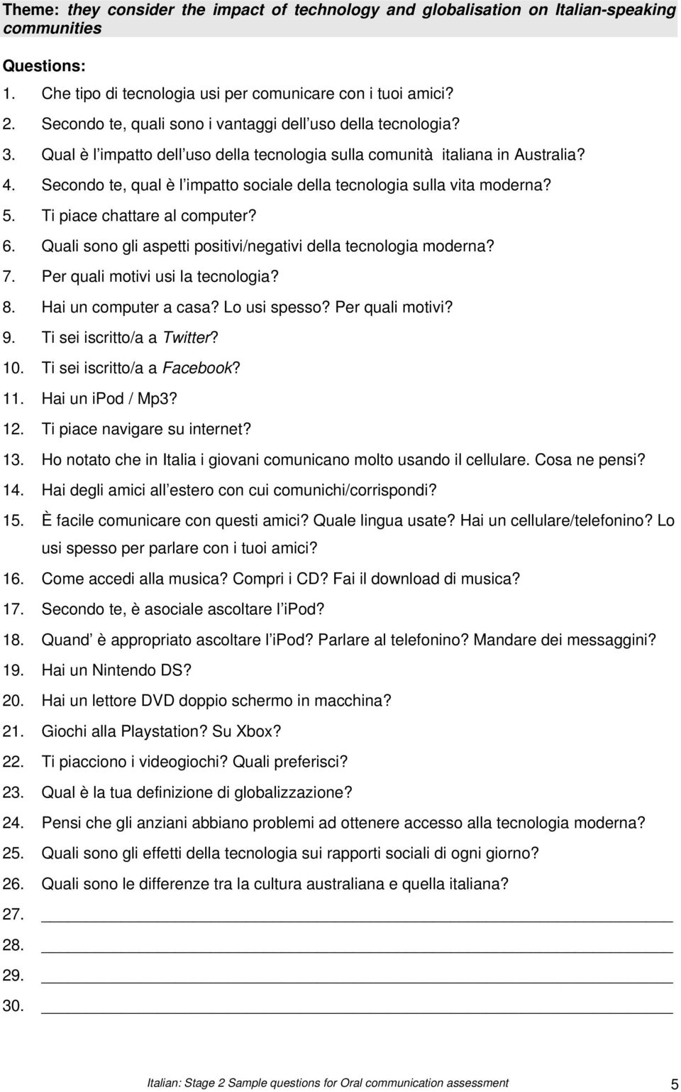 Secondo te, qual è l impatto sociale della tecnologia sulla vita moderna? 5. Ti piace chattare al computer? 6. Quali sono gli aspetti positivi/negativi della tecnologia moderna? 7.