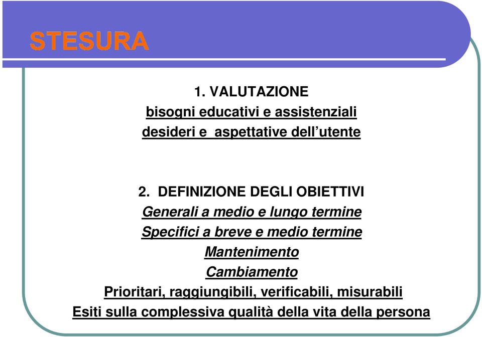 DEFINIZIONE DEGLI OBIETTIVI Generali a medio e lungo termine Specifici a breve