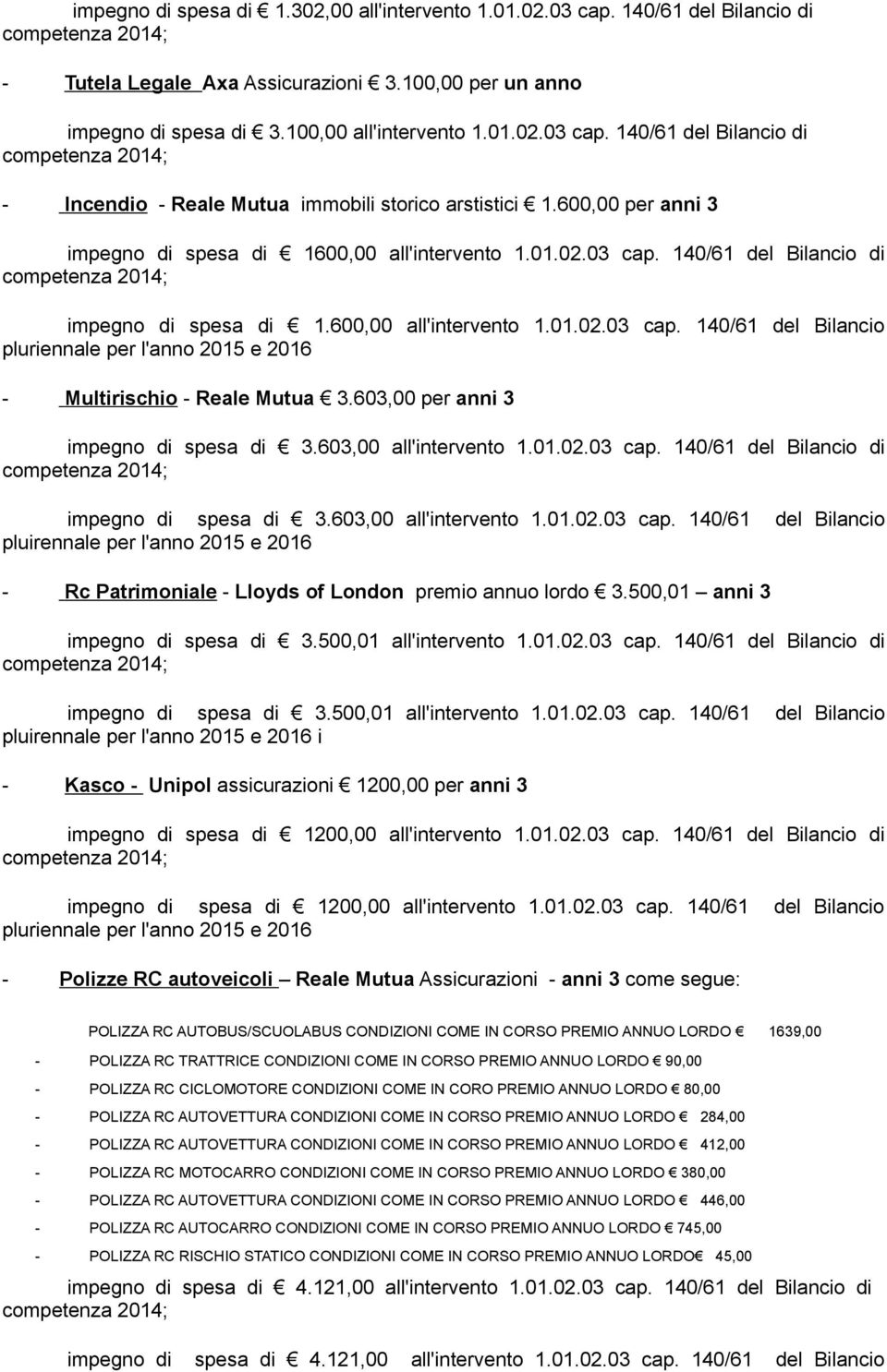 63, per anni 3 impegno di spesa di 3.63, all'intervento 1.1.2.3 cap. / del Bilancio di competenza 214; impegno di spesa di 3.63, all'intervento 1.1.2.3 cap. / del Bilancio pluirennale per l'anno 215 e 216 - Rc Patrimoniale - Lloyds of London premio annuo lordo 3.