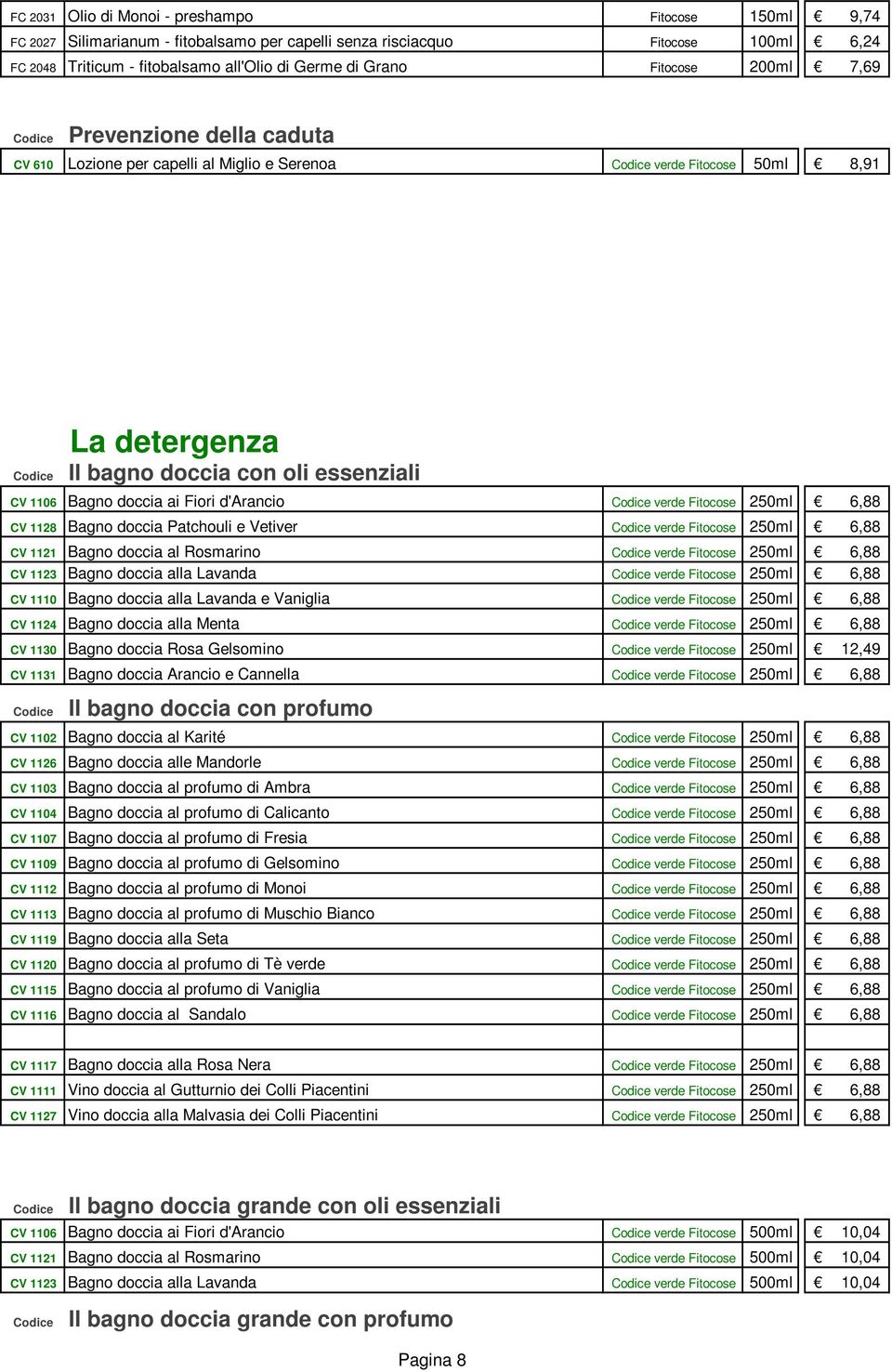 d'arancio verde Fitocose 250ml 6,88 CV 1128 Bagno doccia Patchouli e Vetiver verde Fitocose 250ml 6,88 CV 1121 Bagno doccia al Rosmarino verde Fitocose 250ml 6,88 CV 1123 Bagno doccia alla Lavanda