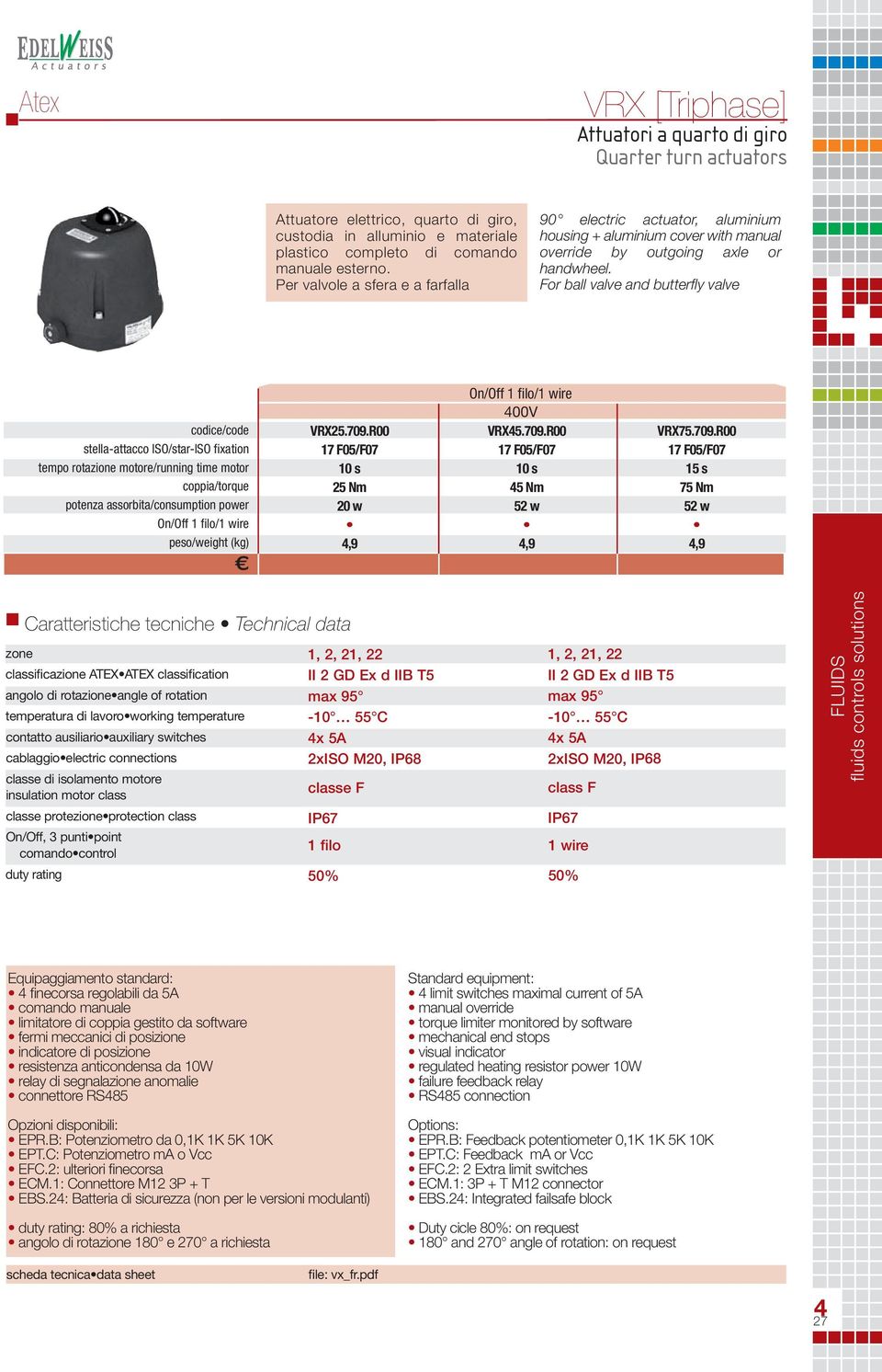 For ball valve and butterfly valve stella-attacco ISO/star-ISO fixation tempo rotazione motore/running time motor coppia/torque potenza assorbita/consumption power On/Off 1 filo/1 wire peso/weight