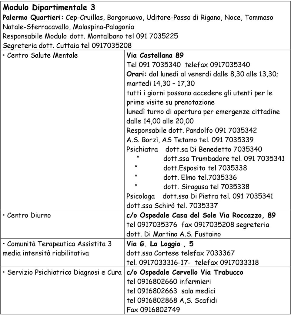 Cuttaia tel 0917035208 Centro Salute Mentale Via Castellana 89 Tel 091 7035340 telefax 0917035340 martedi 14,30 17,30 tutti i giorni possono accedere gli utenti per le prime visite su prenotazione