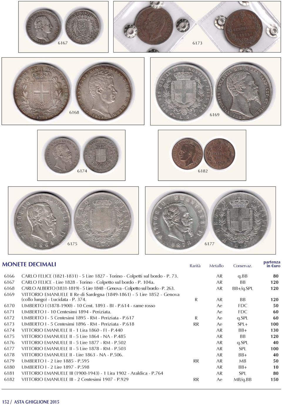 SPL 120 6169 VITTORIO EMANUELE II Re di Sardegna (1849-1861) - 5 Lire 1852 - Genova (collo lungo) - Lucidata - P. 374. R AR BB 120 6170 UMBERTO I (1878-1900) - 10 Cent. 1893 - BI - P.