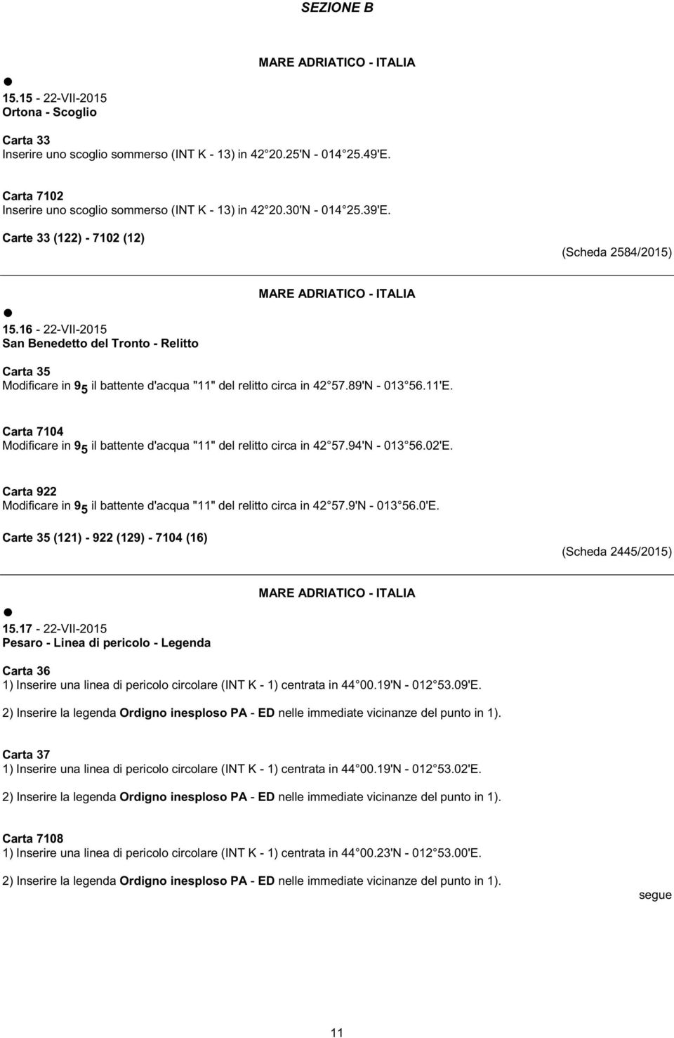 16-22-VII-2015 San Benedetto del Tronto - Relitto MARE ADRIATICO - ITALIA Carta 35 Modificare in 9 5 il battente d'acqua "11" del relitto circa in 42 57.89'N - 013 56.11'E.