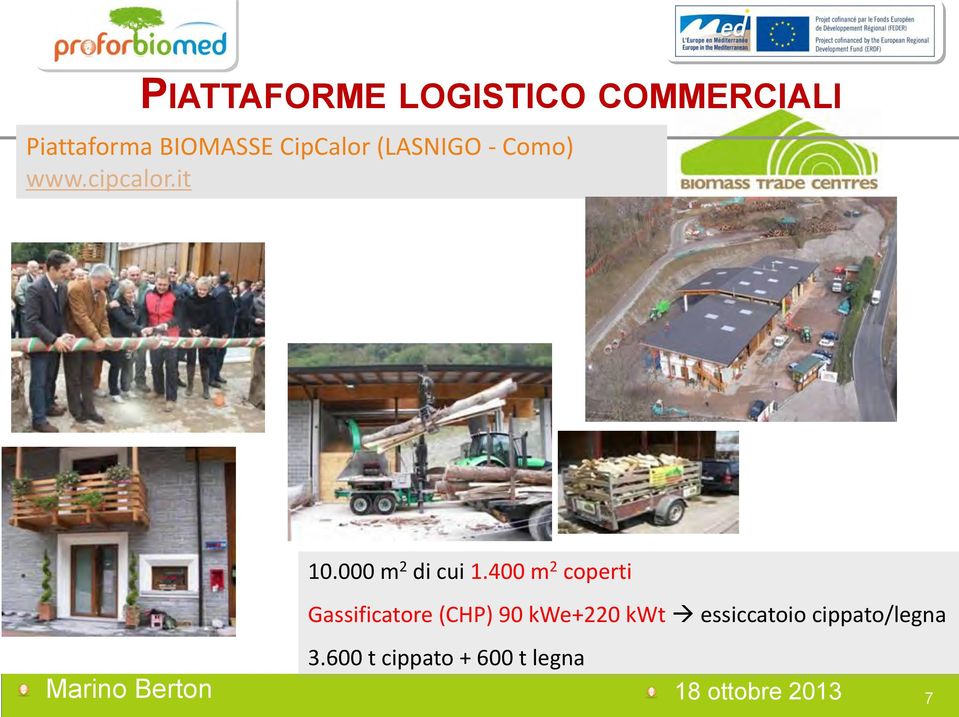 400 m 2 coperti Gassificatore (CHP) 90 kwe+220 kwt essiccatoio