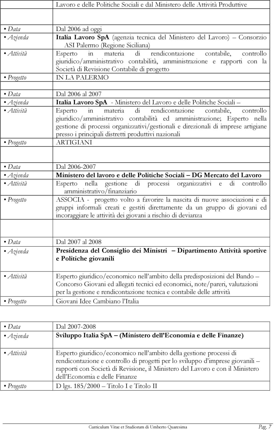 progetto IN LA PALERMO Data Dal 2006 al 2007 Azienda Italia Lavoro SpA - Ministero del Lavoro e delle Politiche Sociali Attività Esperto in materia di rendicontazione contabile, controllo