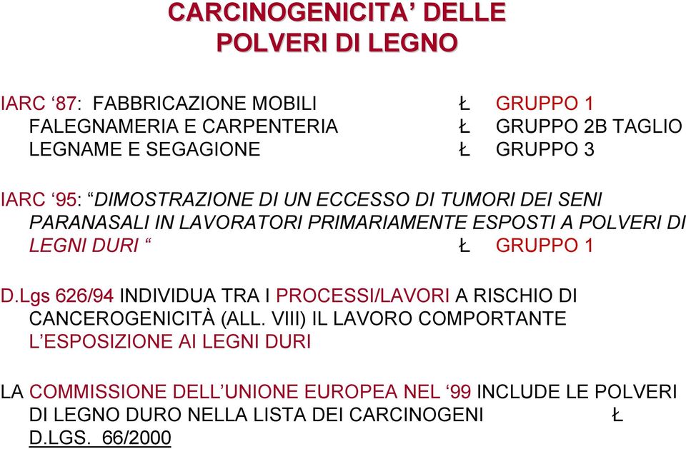 LEGNI DURI Ł GRUPPO 1 D.Lgs 626/94 INDIVIDUA TRA I PROCESSI/LAVORI A RISCHIO DI CANCEROGENICITÀ (ALL.