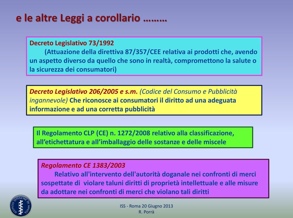 1272/2008 relativo alla classificazione, all etichettatura e all imballaggio delle sostanze e delle miscele Regolamento CE 1383/2003 Relativo all'intervento dell'autorità doganale nei