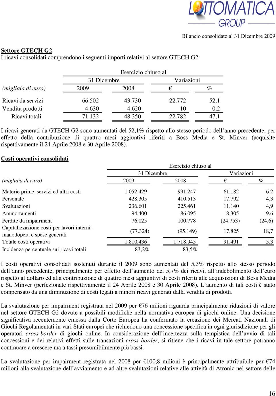 782 47,1 Bilancio consolidato al 31 Dicembre 2009 I ricavi generati da GTECH G2 sono aumentati del 52,1% rispetto allo stesso periodo dell anno precedente, per effetto della contribuzione di quattro