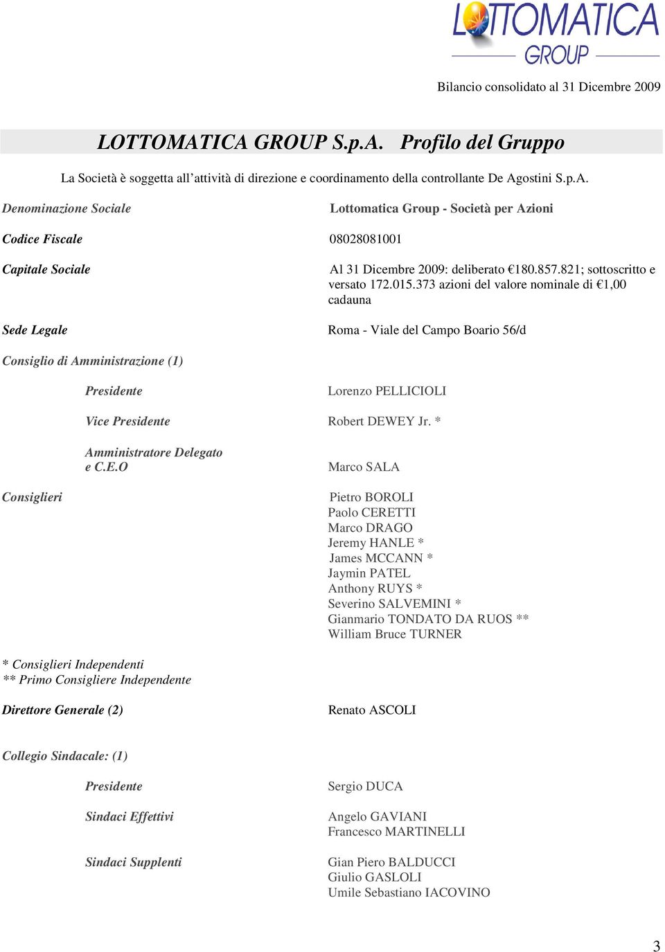 373 azioni del valore nominale di 1,00 cadauna Sede Legale Roma - Viale del Campo Boario 56/d Consiglio di Amministrazione (1) Presidente Lorenzo PELLICIOLI Vice Presidente Robert DEWEY Jr.