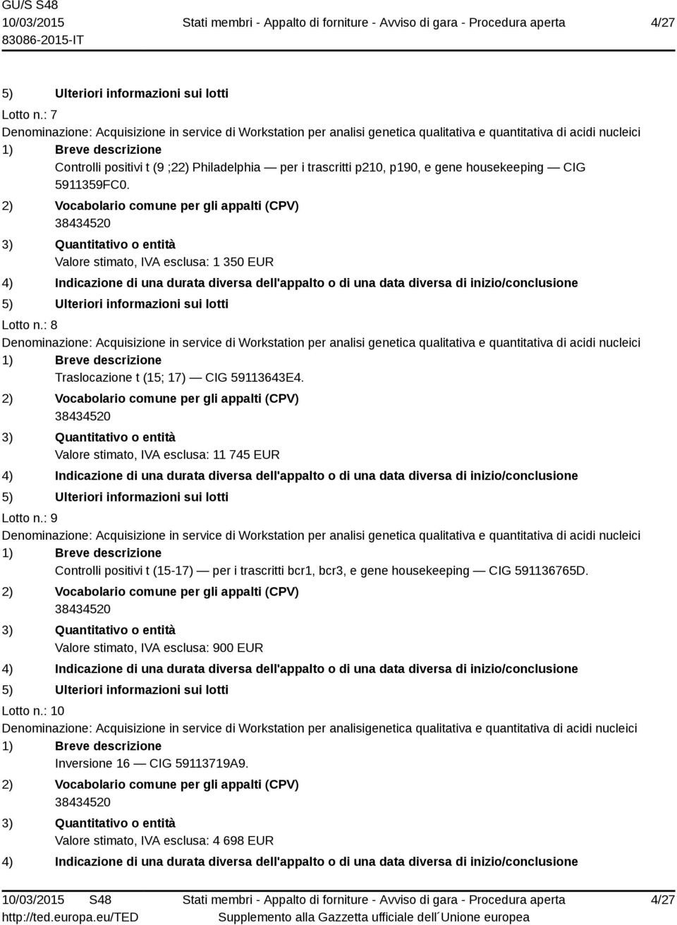 : 9 Controlli positivi t (15-17) per i trascritti bcr1, bcr3, e gene housekeeping CIG 591136765D. Valore stimato, IVA esclusa: 900 EUR Lotto n.