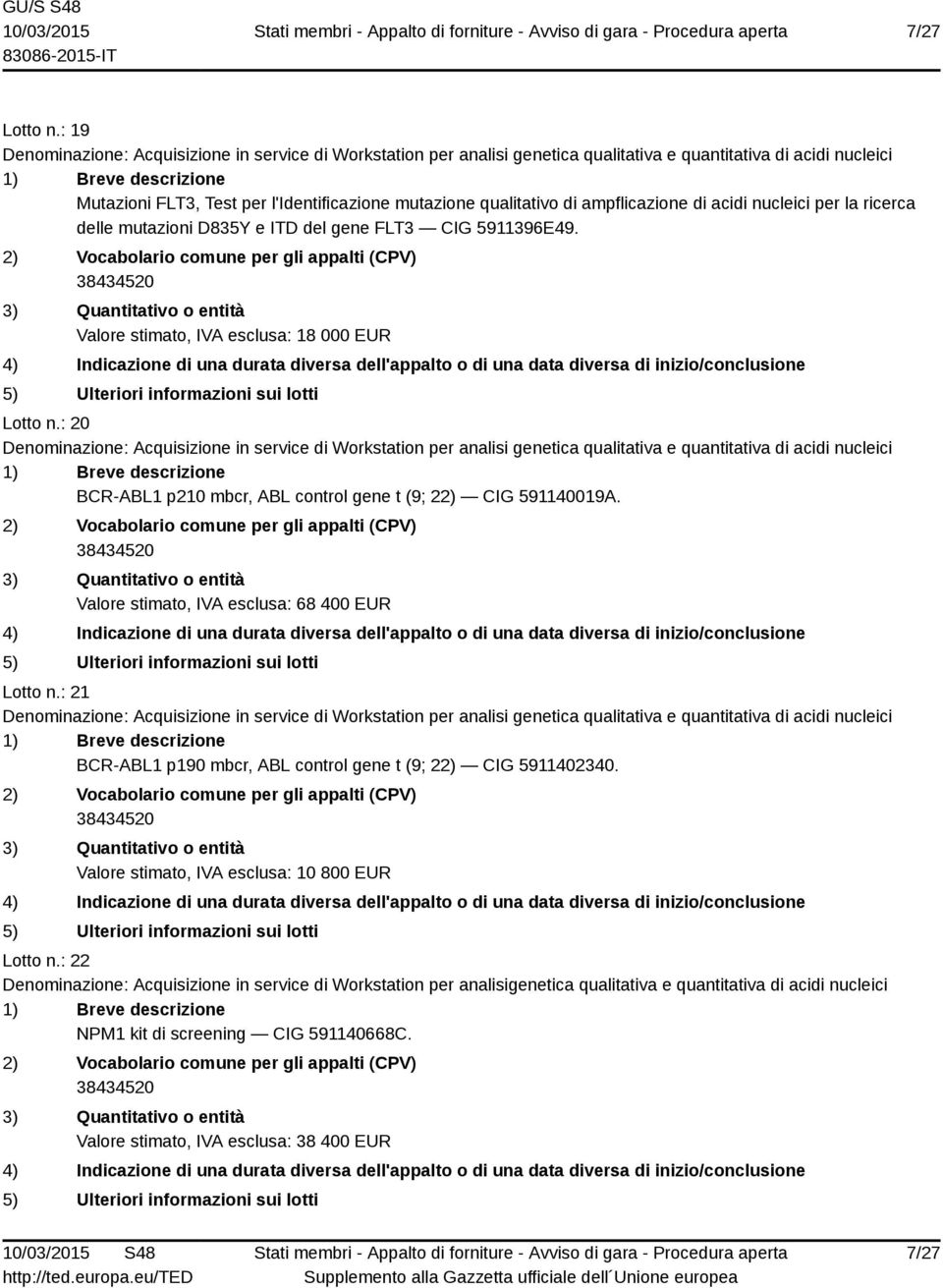 5911396E49. Valore stimato, IVA esclusa: 18 000 EUR Lotto n.: 20 BCR-ABL1 p210 mbcr, ABL control gene t (9; 22) CIG 591140019A.