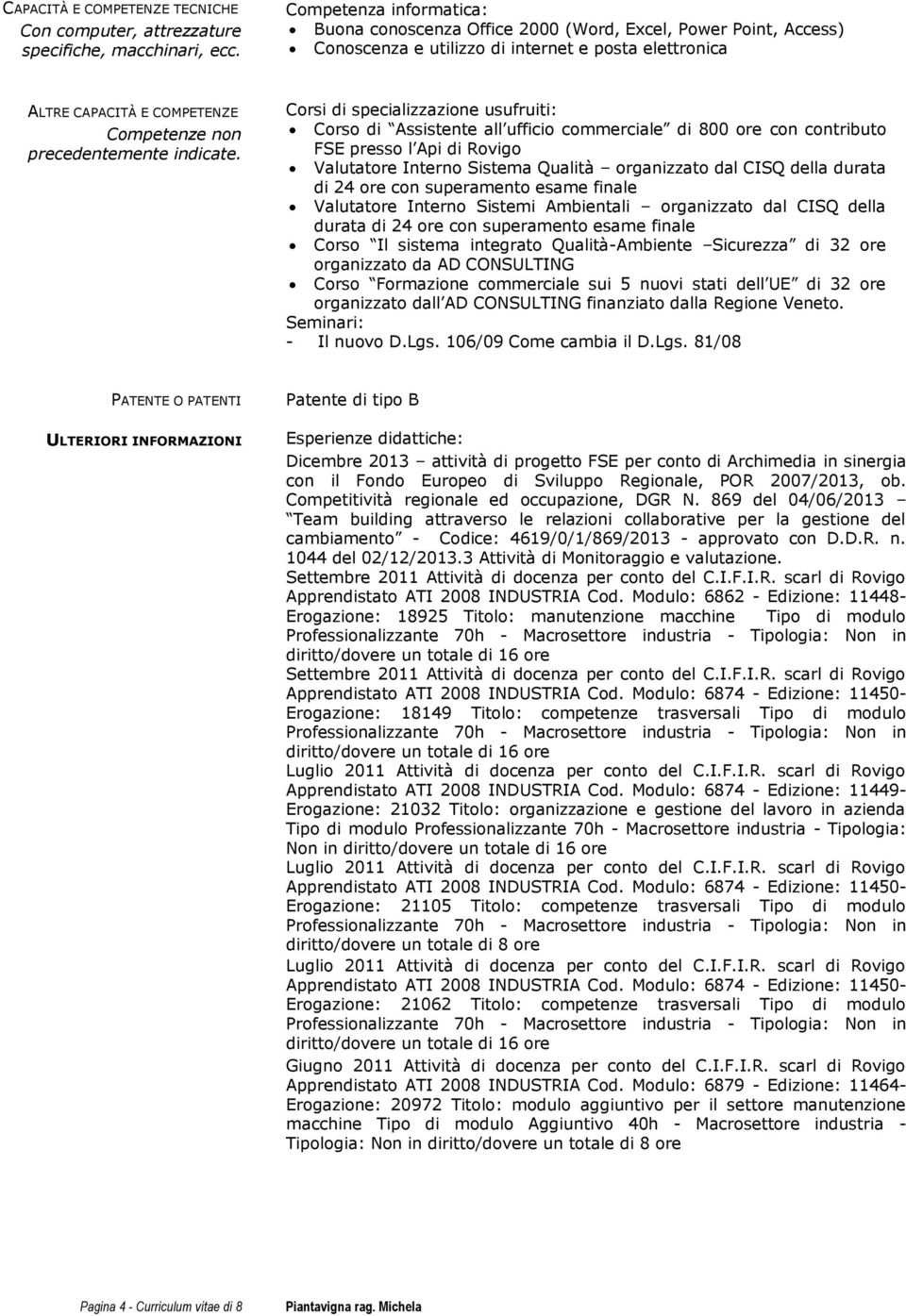 all ufficio commerciale di 800 ore con contributo FSE presso l Api di Rovigo Valutatore Interno Sistema Qualità organizzato dal CISQ della durata di 24 ore con superamento esame finale Valutatore