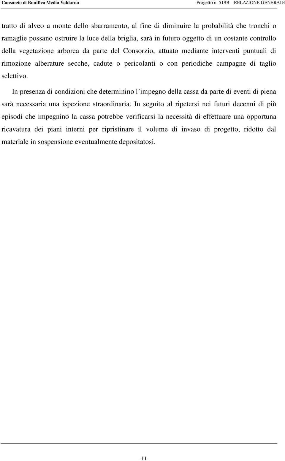 In presenza di condizioni che determinino l impegno della cassa da parte di eventi di piena sarà necessaria una ispezione straordinaria.