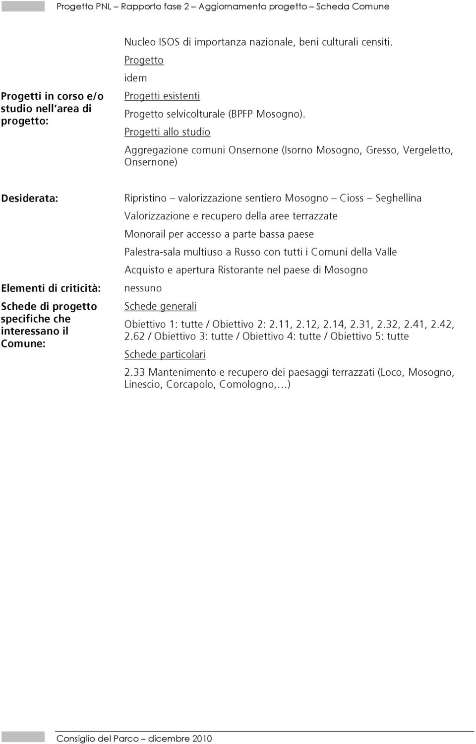 Progetti allo studio Aggregazione comuni Onsernone (Isorno Mosogno, Gresso, Vergeletto, Onsernone) Desiderata: Elementi di criticità: Schede di progetto specifiche che interessano il : Ripristino