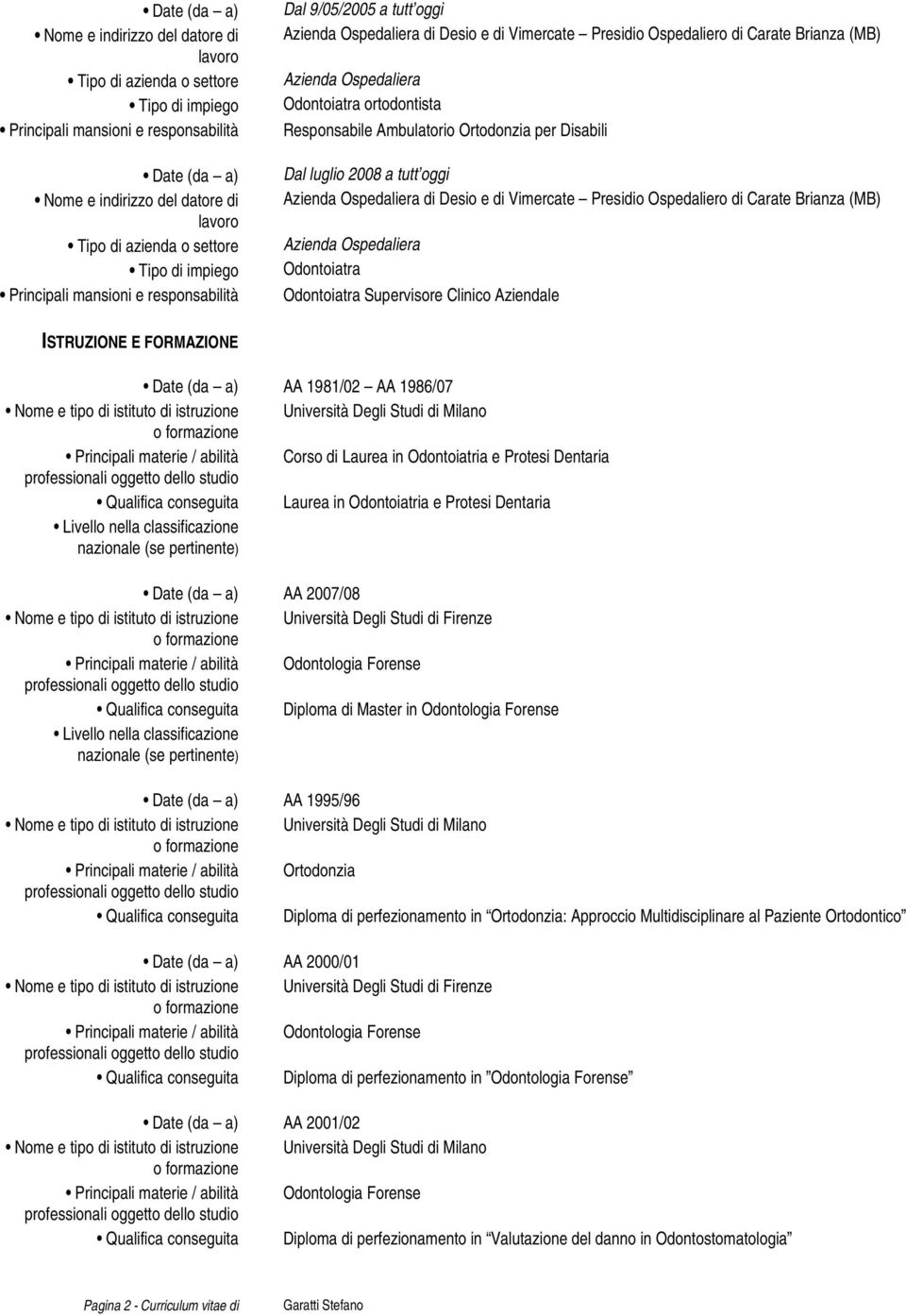 classificazione nazionale (se pertinente) AA 2007/08 Qualifica conseguita Diploma di Master in Odontologia Forense Livello nella classificazione nazionale (se pertinente) AA 1995/96 Principali