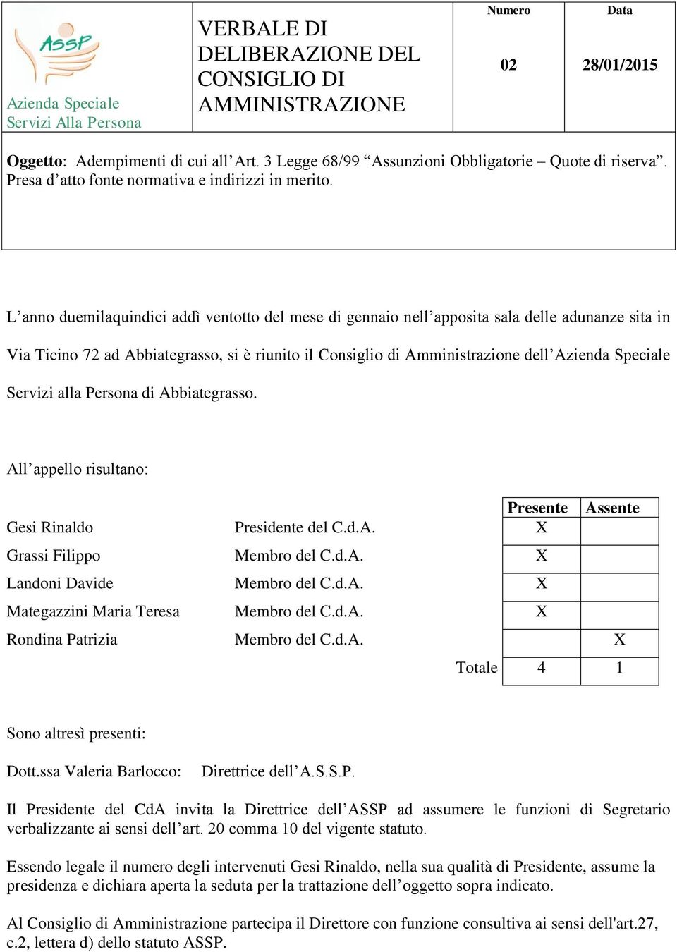 L anno duemilaquindici addì ventotto del mese di gennaio nell apposita sala delle adunanze sita in Via Ticino 72 ad Abbiategrasso, si è riunito il Consiglio di Amministrazione dell Azienda Speciale