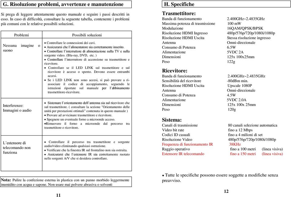 Problemi Nessuna imagine o suono Interferenze: Immagini o audio L estensore di telecomando non funziona Possibili soluzioni Controllare le connessioni dei cavi.