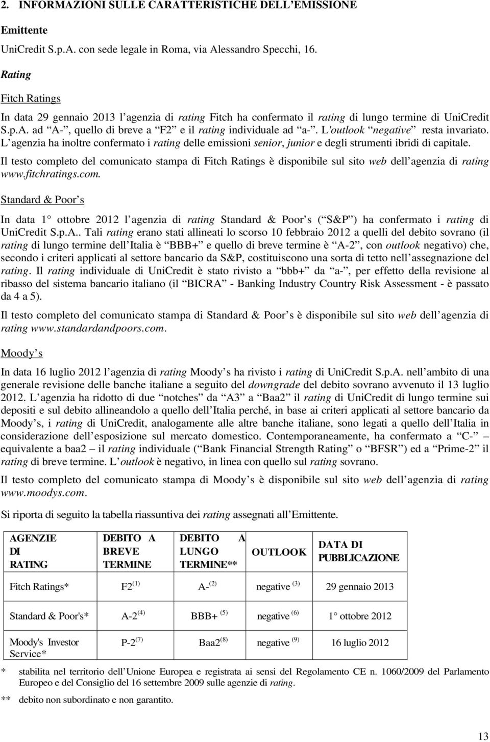 L'outlook negative resta invariato. L agenzia ha inoltre confermato i rating delle emissioni senior, junior e degli strumenti ibridi di capitale.