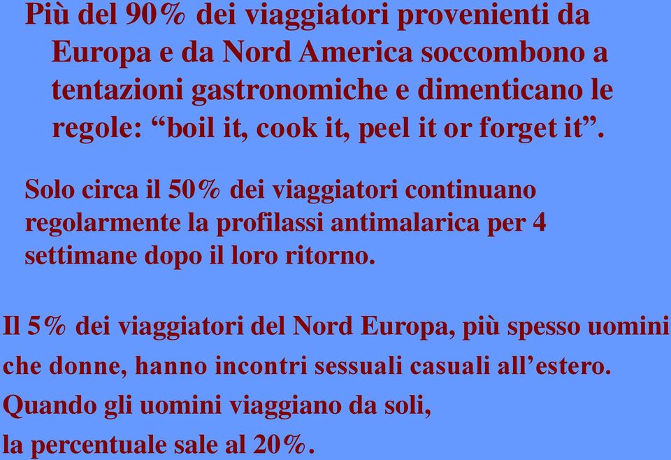 Solo circa il 50% dei viaggiatori continuano regolarmente la profilassi antimalarica per 4 settimane dopo il loro