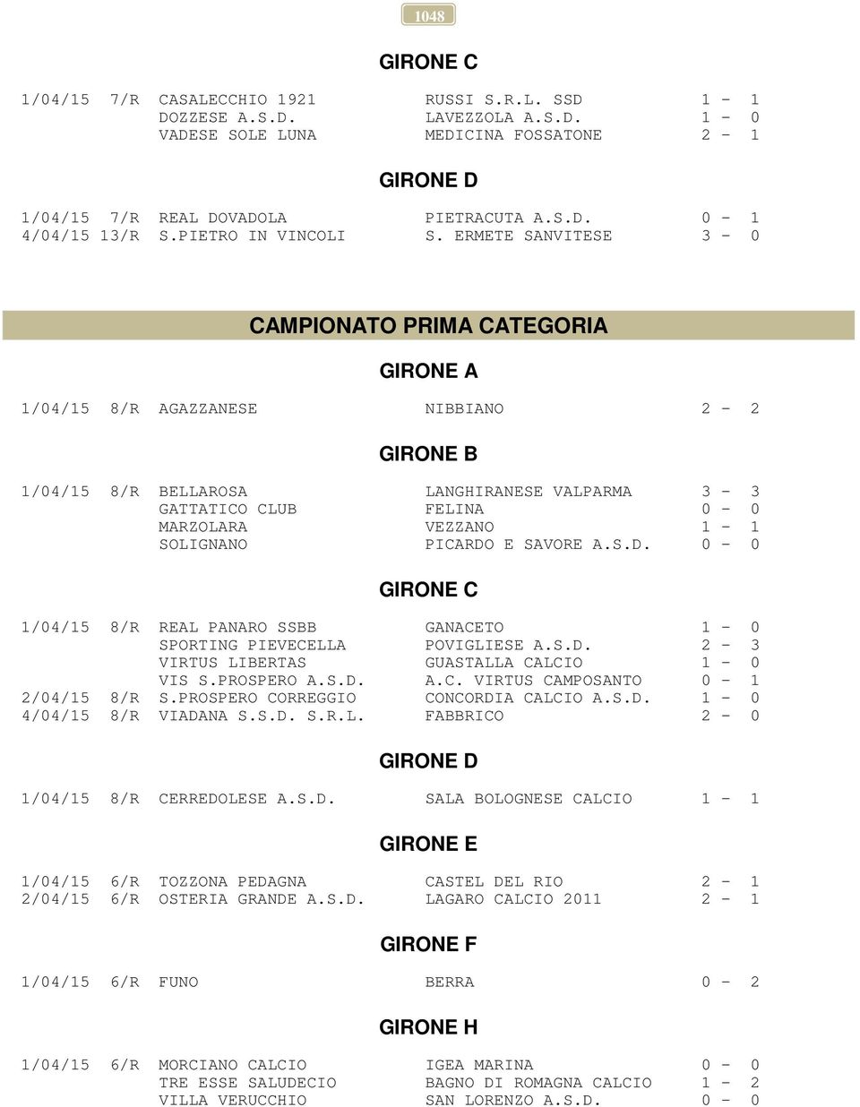 ERMETE SANVITESE 3-0 CAMPIONATO PRIMA CATEGORIA GIRONE A 1/04/15 8/R AGAZZANESE NIBBIANO 2-2 GIRONE B 1/04/15 8/R BELLAROSA LANGHIRANESE VALPARMA 3-3 GATTATICO CLUB FELINA 0-0 MARZOLARA VEZZANO 1-1