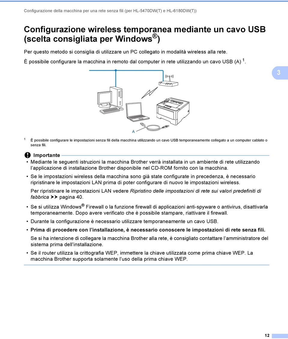 3 A 1 È possibile configurare le impostazioni senza fili della macchina utilizzando un cavo USB temporaneamente collegato a un computer cablato o senza fili.