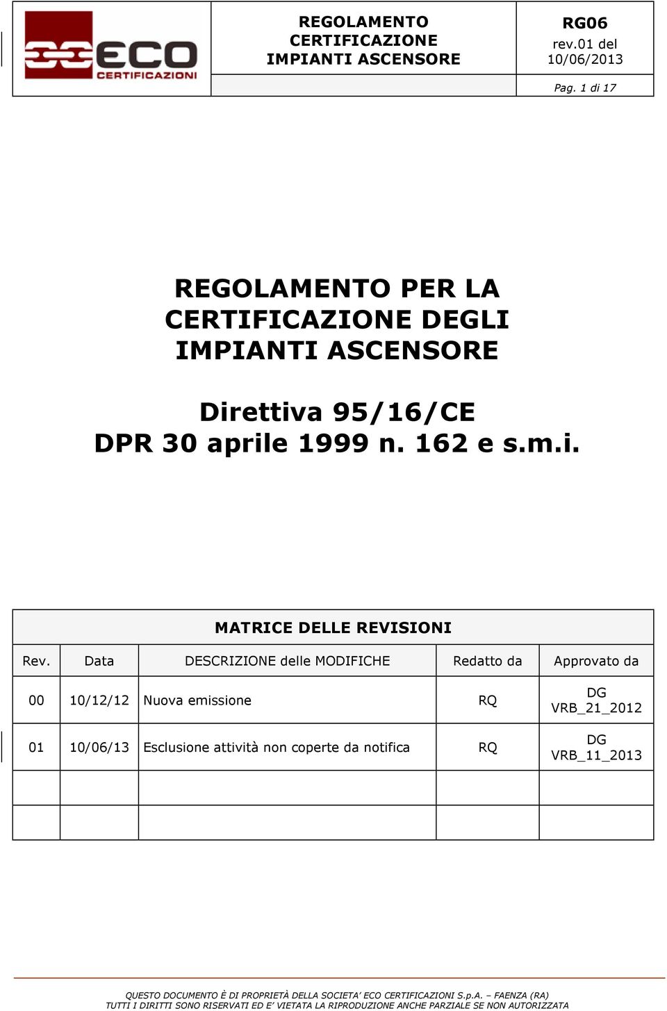 Data DESCRIZIONE delle MODIFICHE Redatto da Approvato da 00 10/12/12 Nuova