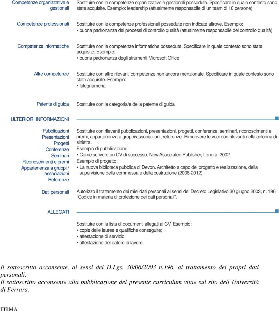 Esempio: buona padronanza dei processi di controllo qualità (attualmente responsabile del controllo qualità) Competenze informatiche Sostituire con le competenze informatiche possedute.