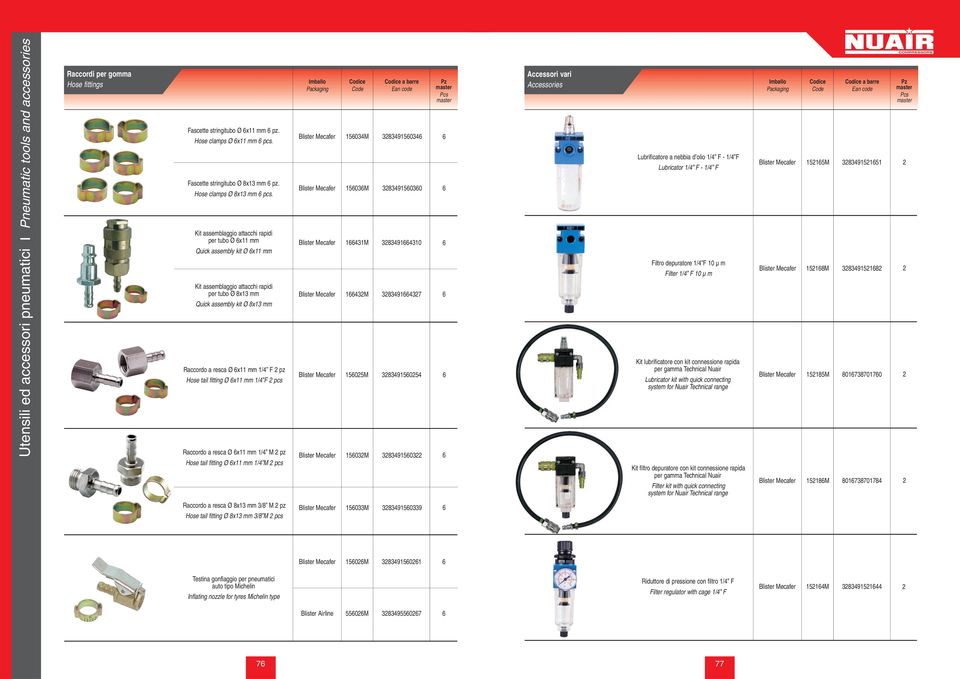 Kit assemblaggio attacchi rapidi per tubo Ø x11 mm Quick assembly kit Ø x11 mm Kit assemblaggio attacchi rapidi per tubo Ø 8x13 mm Quick assembly kit Ø 8x13 mm Raccordo a resca Ø x11 mm 1/ F pz Hose