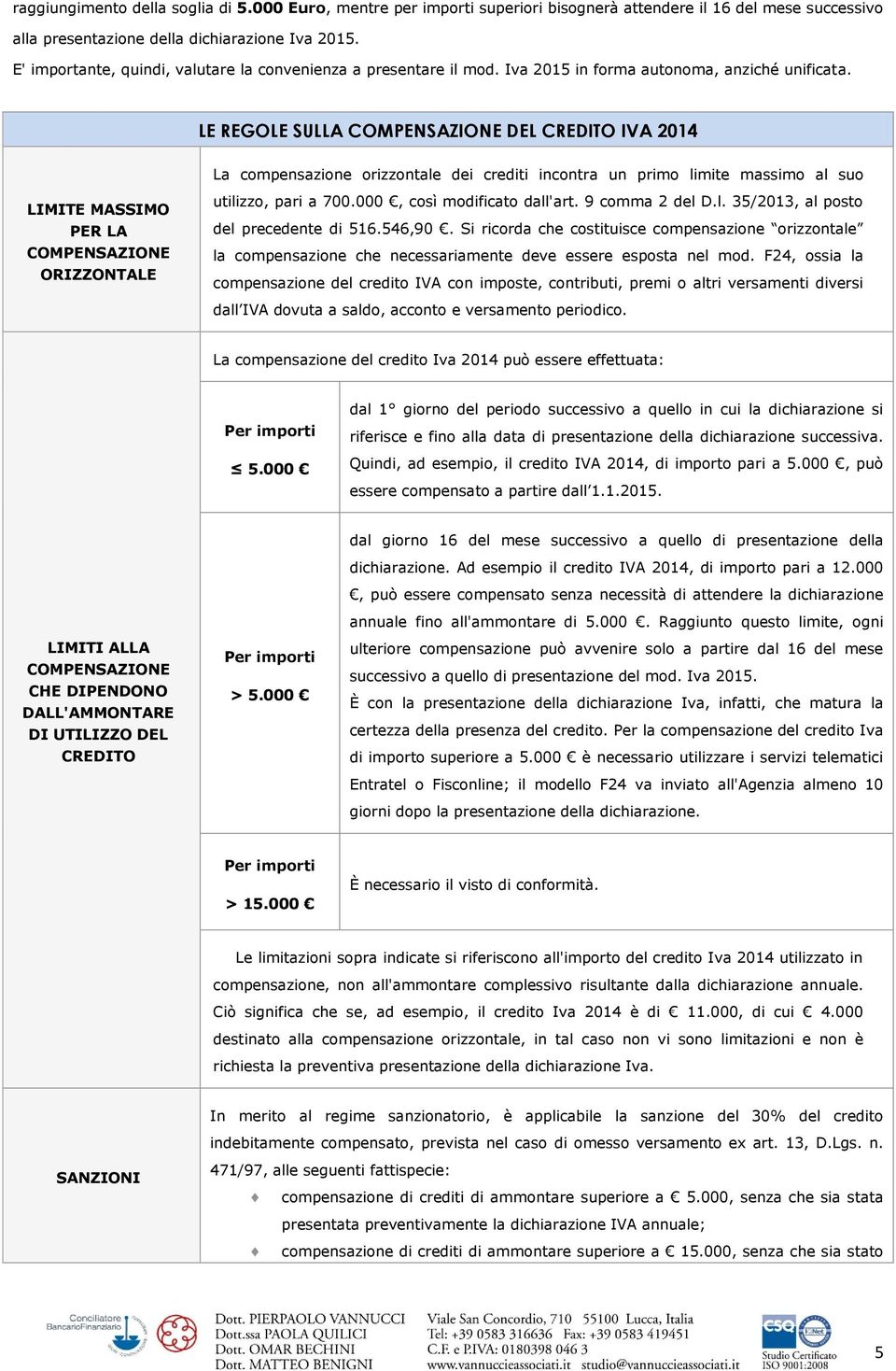 LE REGOLE SULLA COMPENSAZIONE DEL CREDITO IVA 2014 La compensazione orizzontale dei crediti incontra un primo limite massimo al suo LIMITE MASSIMO PER LA COMPENSAZIONE ORIZZONTALE utilizzo, pari a