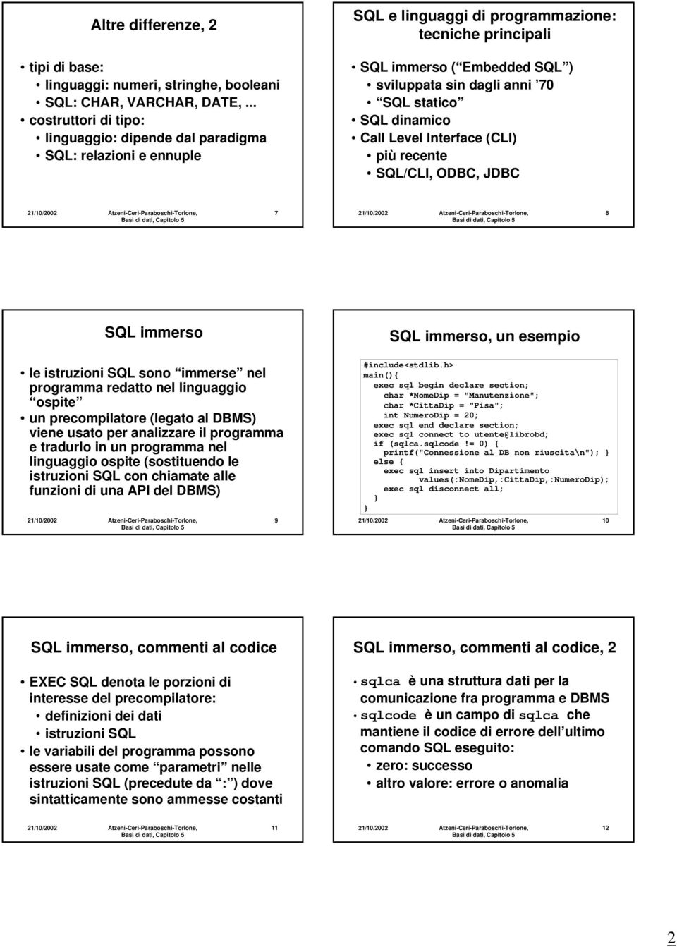 statico SQL dinamico Call Level Interface (CLI) più recente SQL/CLI, ODBC, JDBC 7 8 SQL immerso SQL immerso, un esempio le istruzioni SQL sono immerse nel programma redatto nel linguaggio ospite un