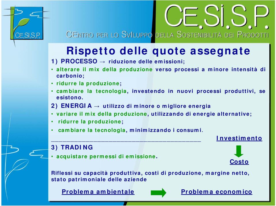 2) ENERGIA utilizzo di minore o migliore energia variare il mix della produzione, utilizzando di energie alternative; ridurre la produzione; cambiare la