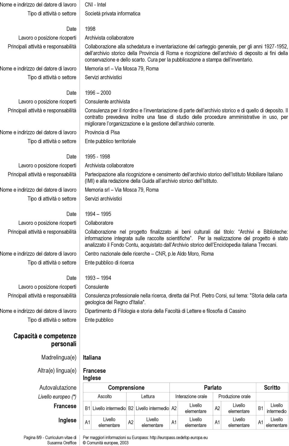 Capacità e competenze personali Date 1996 2000 Consulenza per il riordino e l inventariazione di parte dell archivio storico e di quello di deposito.