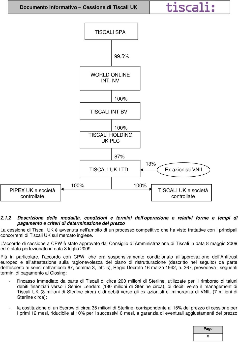 condizioni e termini dell'operazione e relativi forme e tempi di pagamento e criteri di determinazione del prezzo La cessione di Tiscali UK è avvenuta nell ambito di un processo competitivo che ha