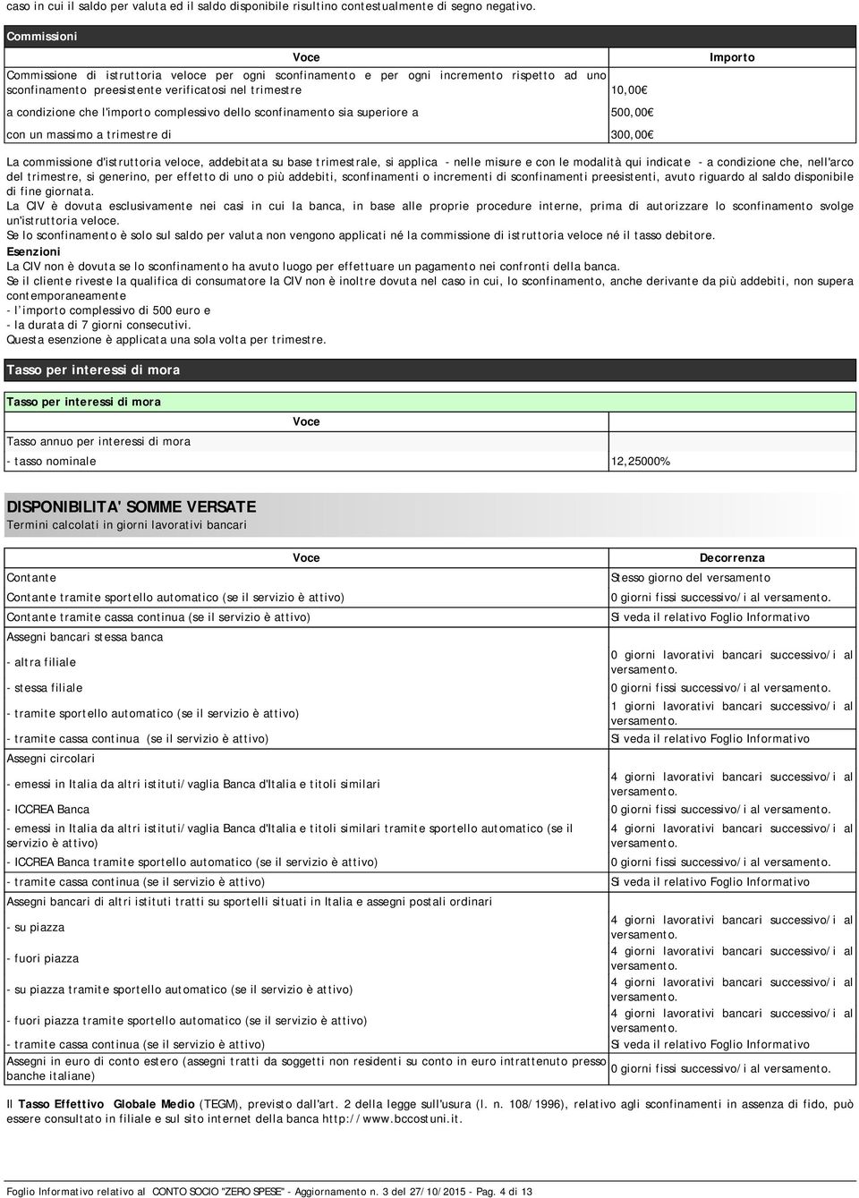 dello sconfinamento sia superiore a con un massimo a trimestre di 10,00 500,00 300,00 La commissione d'istruttoria veloce, addebitata su base trimestrale, si applica - nelle misure e con le modalità