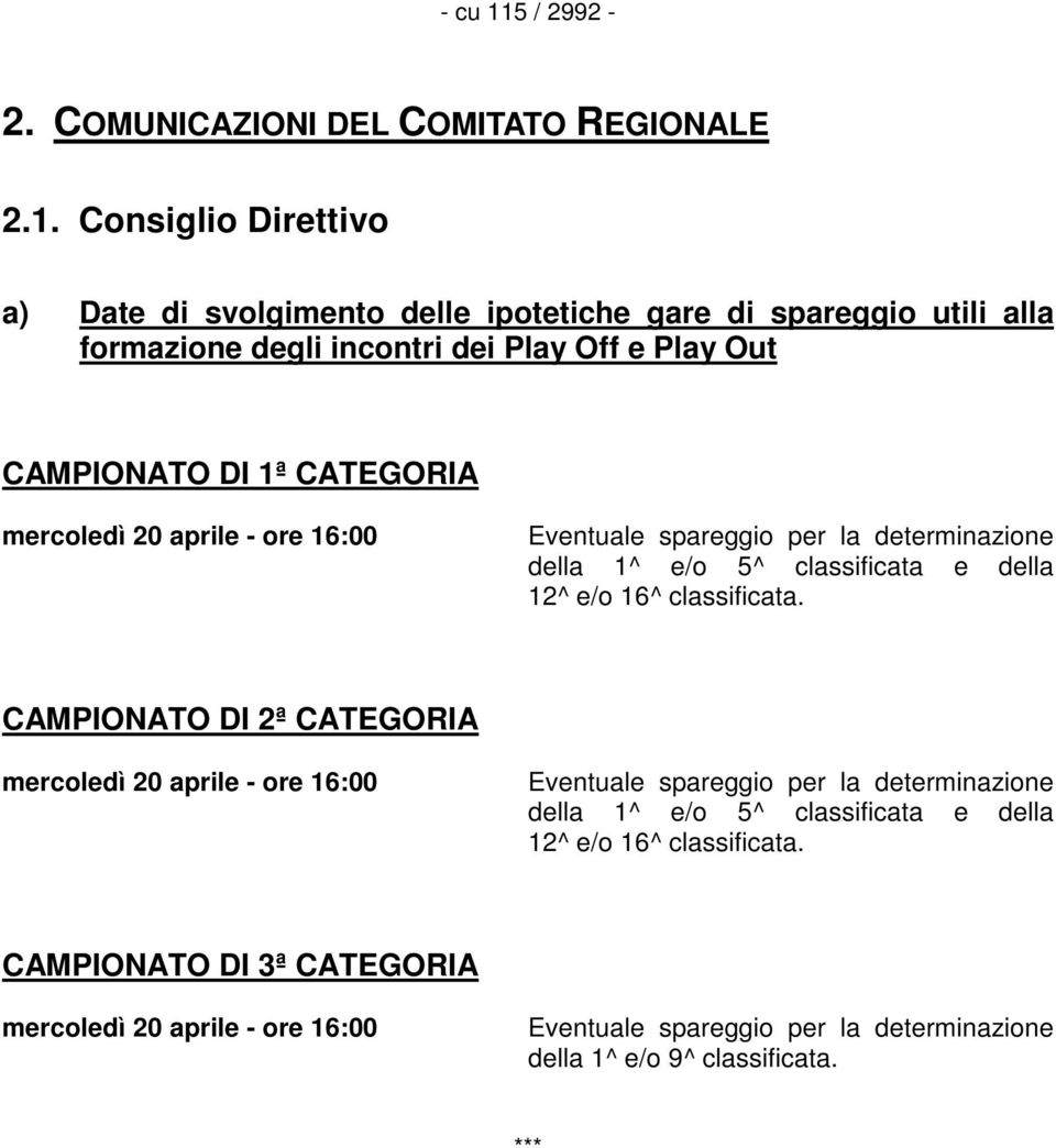 Consiglio Direttivo a) Date di svolgimento delle ipotetiche gare di spareggio utili alla formazione degli incontri dei Play Off e Play Out CAMPIONATO DI 1ª CATEGORIA