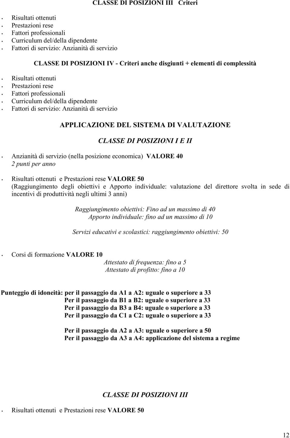 DI VALUTAZIONE CLASSE DI POSIZIONI I E II Anzianità di servizio (nella posizione economica) VALORE 40 2 punti per anno Risultati ottenuti e Prestazioni rese VALORE 50 (Raggiungimento degli obiettivi