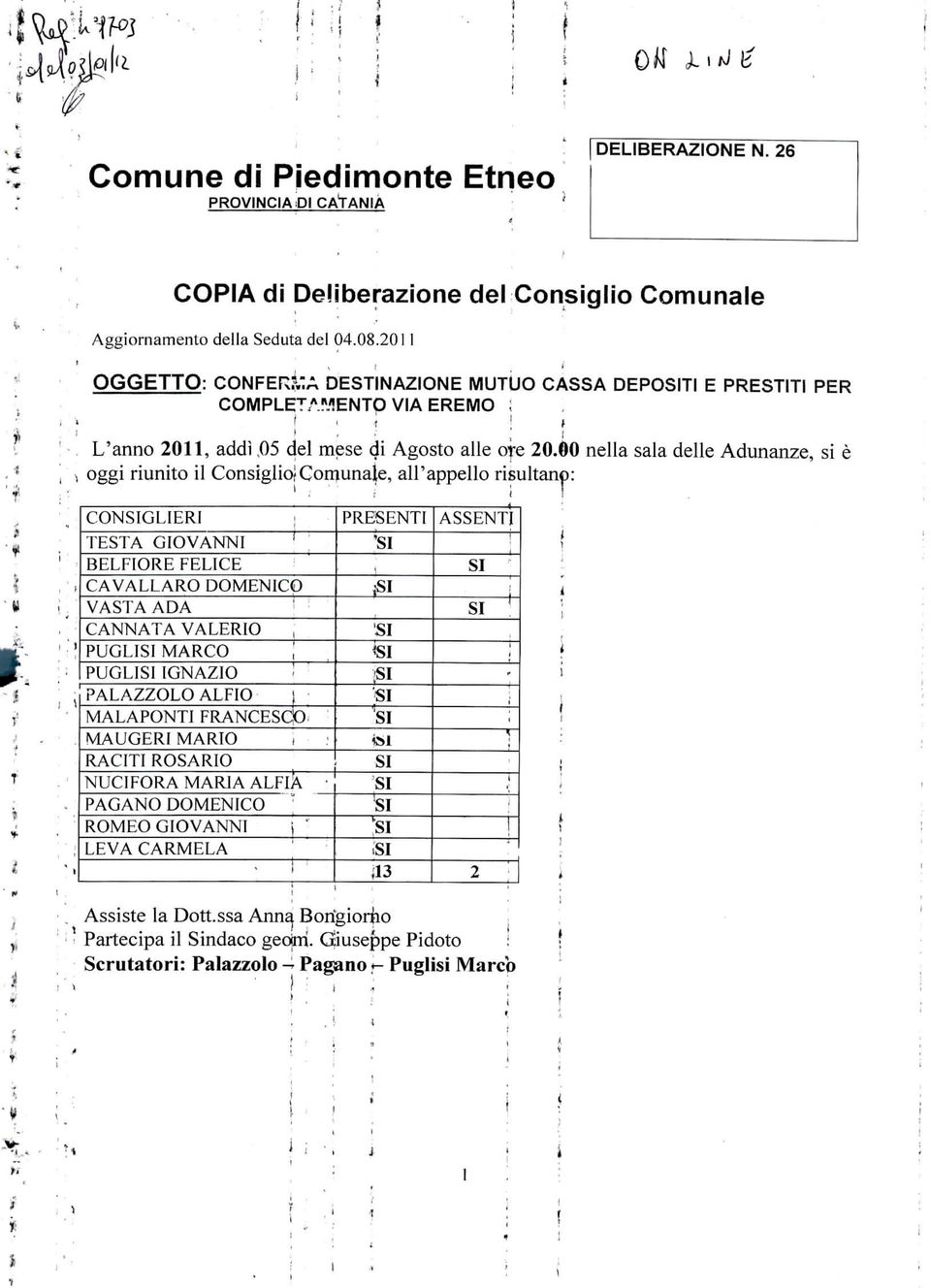 00 nella sala delle Adunanze, s è \ ogg runto l Consglo!Comunale, all'appello rsultant 1. ì. CONGLIERI TESTA GIOVANNI BELFIORE FELICE, ' f CAVALLARO DOMENICO 1, VASTA ADA CANNATA VALERIO, 1.