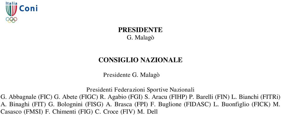 Di Mauro (FIH) R. Di Rocco (FCI) R. Fraccari (FIBS) A. Gavazzi (FIR) A. Giomi (FIDAL) V. Iaconianni (FIM) G. Leoni (AeCI) V. Magini (FIPM) C. Magri (FIPAV) U. C. Matteoli (FIPSAS) A.
