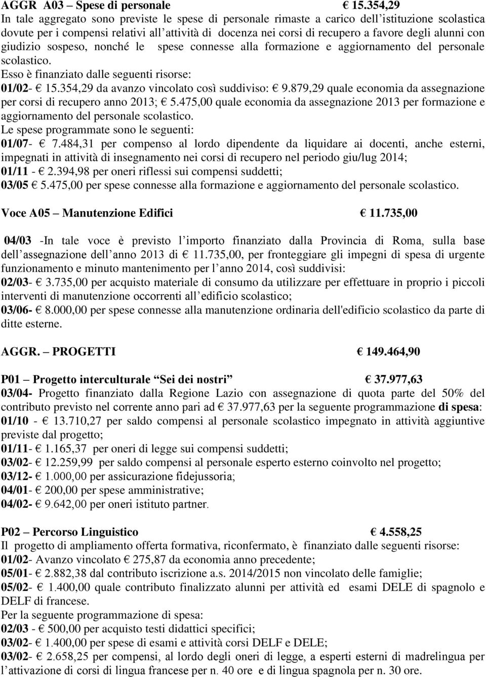 alunni con giudizio sospeso, nonché le spese connesse alla formazione e aggiornamento del personale scolastico. Esso è finanziato dalle seguenti risorse: 01/02-15.