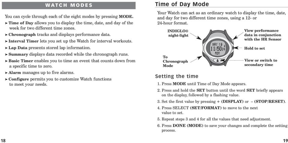 Summary displays data recorded while the chronograph runs. Basic Timer enables you to time an event that counts down from a specific time to zero. Alarm manages up to five alarms.