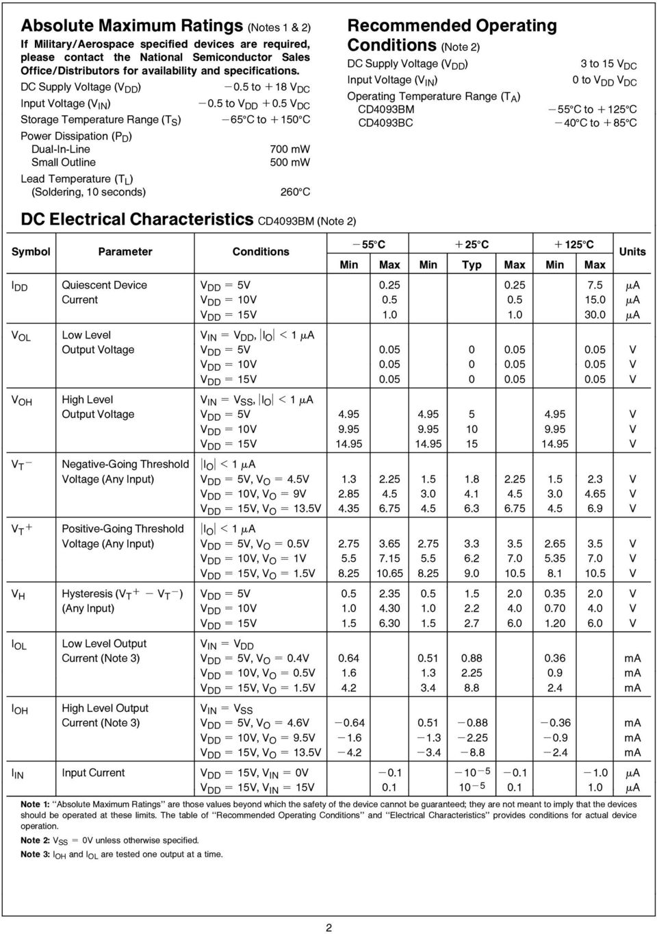 Lead Temperature (T L ) (Soldering 10 seconds) 260 C Recommended Operating Conditions (Note 2) DC Supply Voltage (V DD ) Input Voltage (V IN ) Operating Temperature Range (T A ) CD4093BM CD4093BC 3