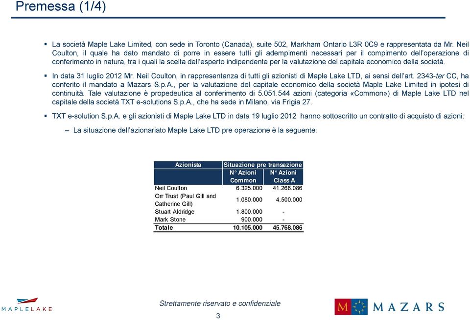 per la valutazione del capitale economico della società. In data 31 luglio 2012 Mr. Neil Coulton, in rappresentanza di tutti gli azionisti di Maple Lake LTD, ai sensi dell art.