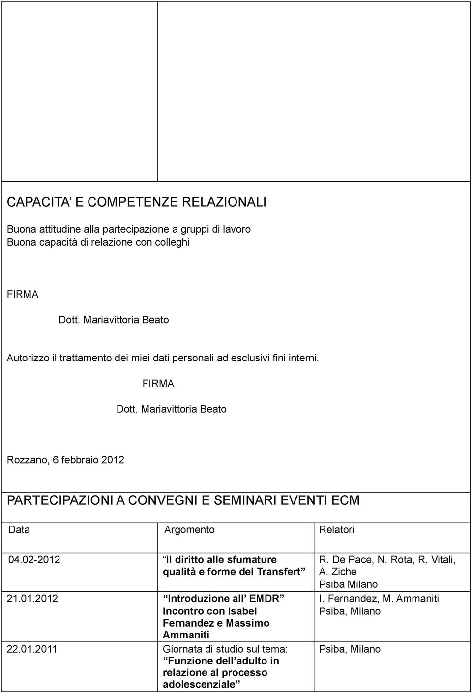 Mariavittoria Beato Rozzano, 6 febbraio 2012 PARTECIPAZIONI A CONVEGNI E SEMINARI EVENTI ECM Data Argomento Relatori 04.