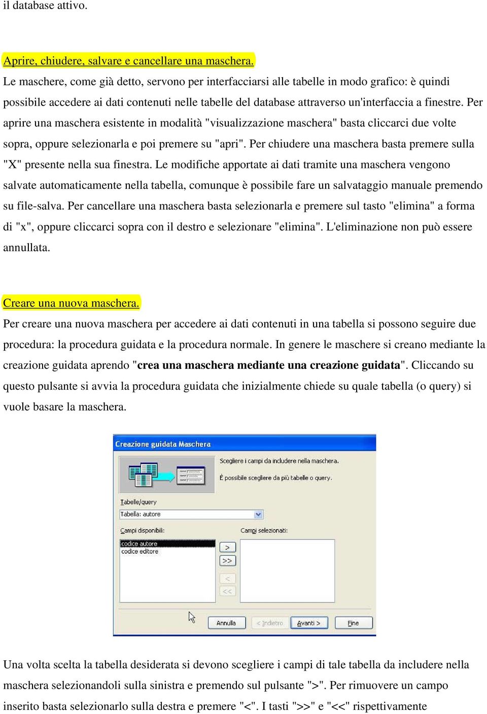 Per aprire una maschera esistente in modalità "visualizzazione maschera" basta cliccarci due volte sopra, oppure selezionarla e poi premere su "apri".