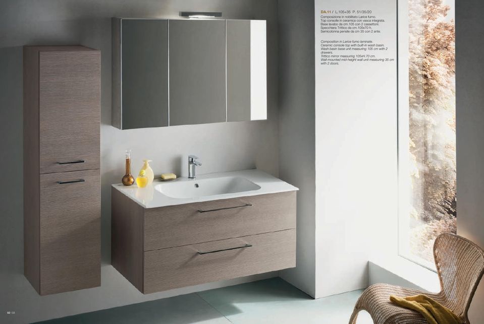 Composition in Larice fumo laminate. Ceramic console top with built-in wash basin.