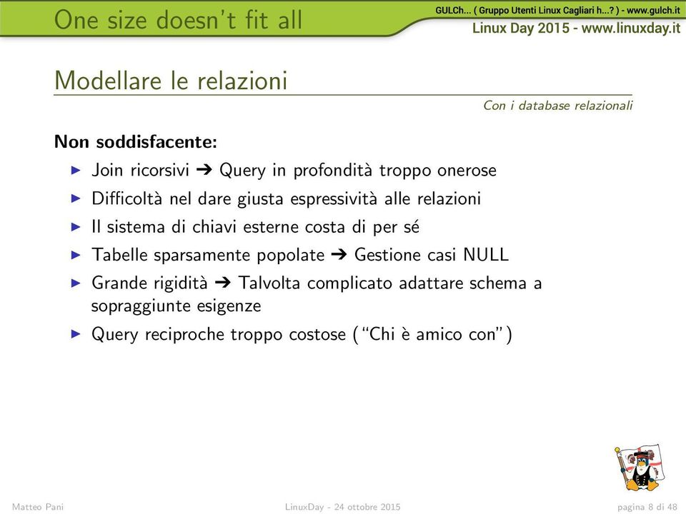 per sé Tabelle sparsamente popolate Gestione casi NULL Grande rigidità Talvolta complicato adattare schema a