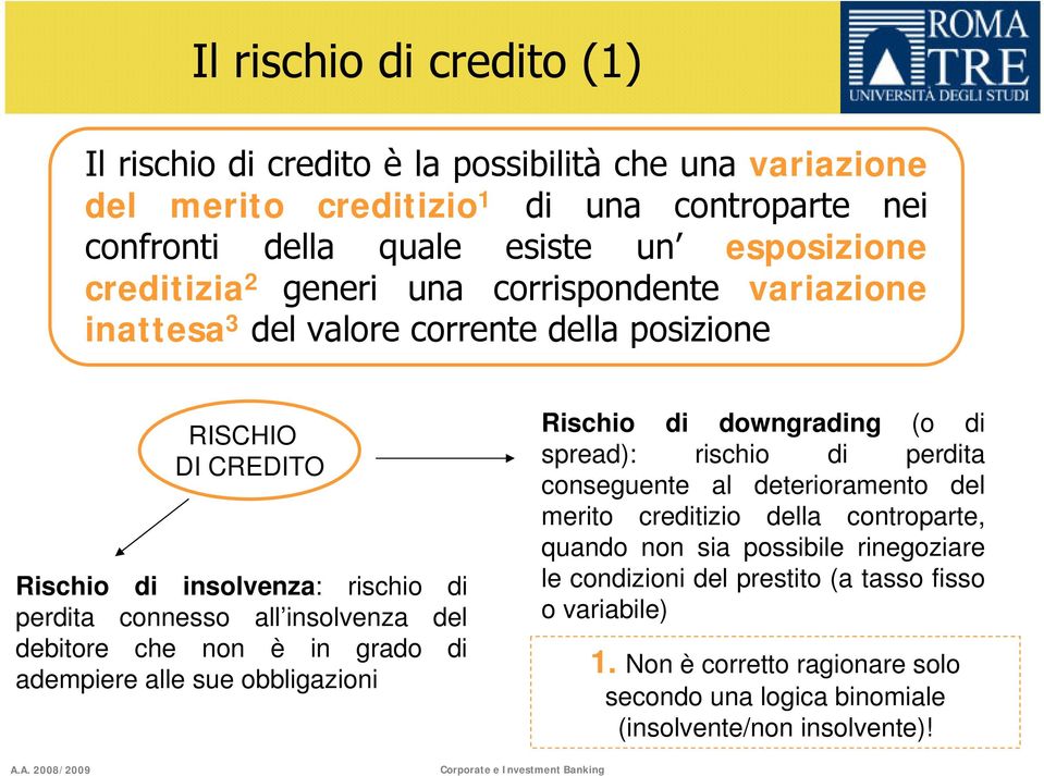 del debitore che non è in grado di adempiere alle sue obbligazioni Rischio di downgrading (o di spread): rischio di perdita conseguente al deterioramento del merito creditizio della