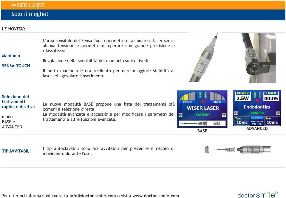 Il porta manipolo è ora reclinato per dare maggiore stabilità al laser ed agevolare l'inserimento.